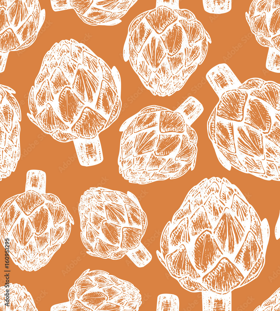 Wall mural seamless pattern with vegetables. hand drawn vector illustration of artichoke sketch style.