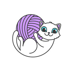 Logo with cat in circle composition. Little kitten lies on the back and hold in own paws yarn ball. Logotype for handmade company