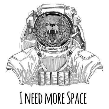 Brown bear Russian bear wearing space suit Wild animal astronaut Spaceman Galaxy exploration Hand drawn illustration for t-shirt