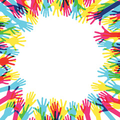 Hands in circle with place in center for text. Concept of group of children, people and union. Waving hands in the fun event. Hand-voting in the crowd. Vector illustration