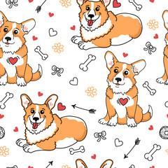 Very cute seamless pattern with corgi and funny  element. Funny dog background. 