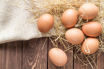 Chicken eggs on a linen napkin