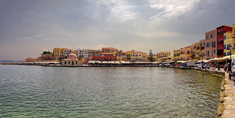 Fototapeta premium Panoramic vIew of Chania village and harbor in the Greek island of Crete