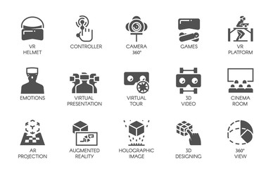 Big set of 15 icons in flat style of augmented reality digital AR technology. Futuristic technology concept. Vector labels isolated on a white background. Black VR symbols