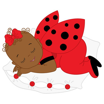 Vector African American Cute Baby Girl in Ladybug Costume Sleeping on Pillow.