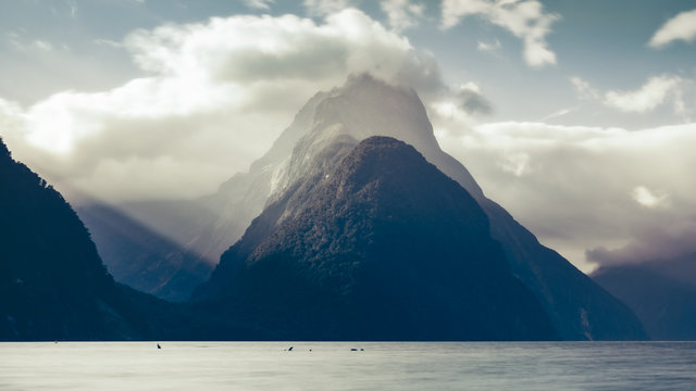 Milford sound peak at sunset in cold tones, New Zealand