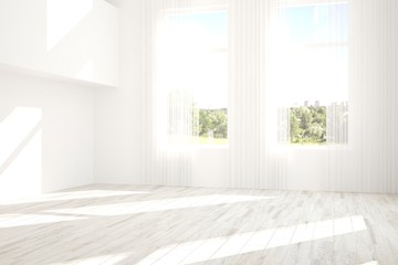 White empty room with green landscape in window. Scandinavian interior design. 3D illustration
