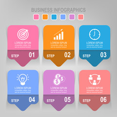 Infographic template of six steps on squares, tag banners, flat design of business icon, vector