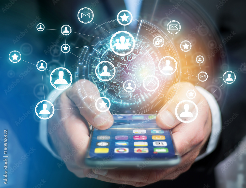 Poster international network displayed on a futuristic interface with globe and connection - technology and