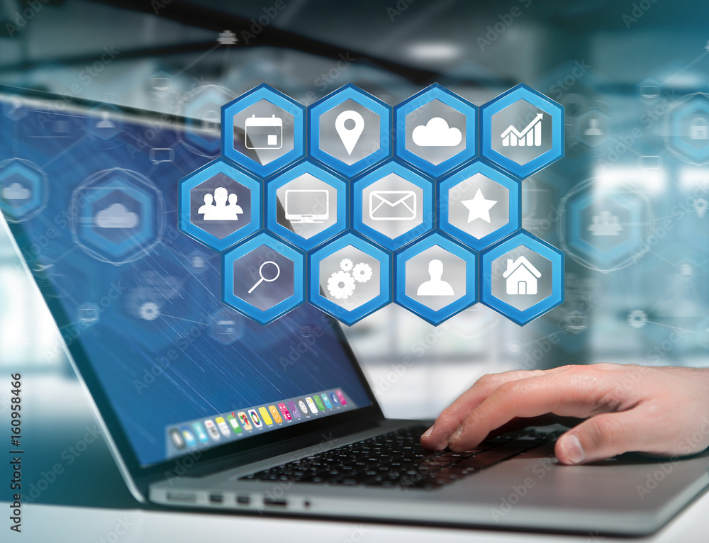 Aufkleber application center displayed on a futuristic interface with technology icon - worldwide business con