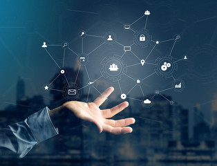 Business network connection displayed on a futuristic interface with technology icon - Worldwide business concept