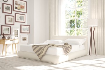White bedroom with green landscape in window. Scandinavian interior design. 3D illustration