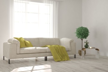 White modern room with sofa. Scandinavian interior design. 3D illustration