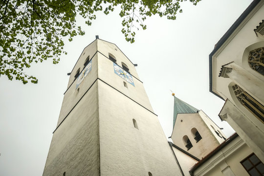 A view of the belfry of romanesque basilica Saint Mary and Corbinian Cathedral in Freising, Germany.