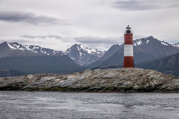 Fototapeta na wymiar Les Eclaireurs Red and white lighthouse - Beagle Channel, Ushuaia, Argentina