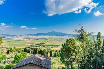 Fototapeta na wymiar Rural landscape of valleys in summer in the province of siena in tuscany italy