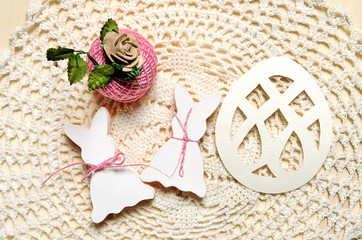Easter symbols on white knitted