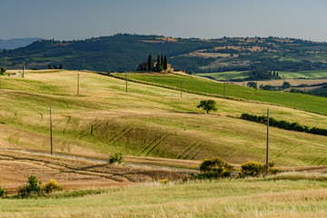 Rural landscape of valleys in summer in the province of siena in tuscany italy