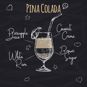 Simple recipe for an alcoholic cocktail Pina Colada. Drawing chalk on a blackboard. Vector illustration of a sketch style.