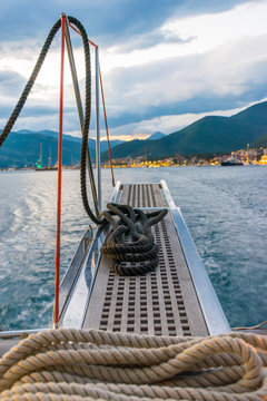 The mooring rope is prepared on the ladder. Yacht, Montenegro, Tivat.