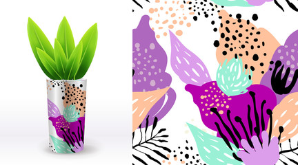 A set of summer seamless unique floral patterns, demonstrated on textile ceramic vase. Can be used for embroidery, print or silkscreen on fabric.