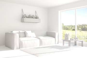 White room with sofa and green landscape in window. Scandinavian interior design. 3D illustration