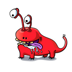 Cute cartoon red monster dog with purple tongue isolated on white background. Alien crazy animal in modern flat style. Vector illustration