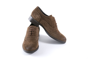 Female Brown Shoe on White Background, Isolated Product, Top View, Studio.
