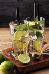 Lemon Fruit Lime Caipirinha of Brazil on wooden board