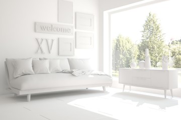 White room with sofa and green landscape in window. Scandinavian interior design. 3D illustration