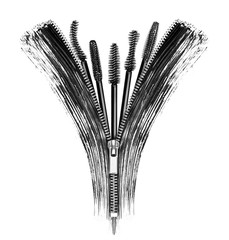 Mascara brushes with cosmetic strokes and elements of zipper. Conceptual image isolated on white background