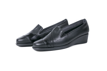 Female Black Shoe on White Background, Isolated Product, Top View, Studio.