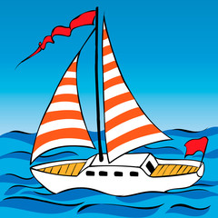 sailing yacht on the waves in the sea. vector illustration