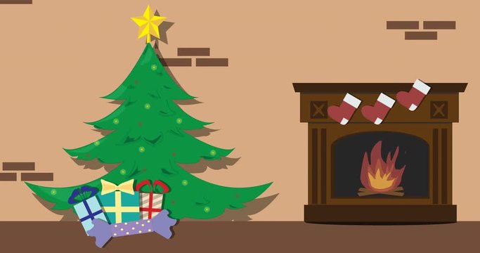 Christmas Living Room Interior with Festive Christmas tree and Xmas decorated fireplace and gifts. New Year and Christmas tree and presents. Flat style 2D cartoon animation, 4K.