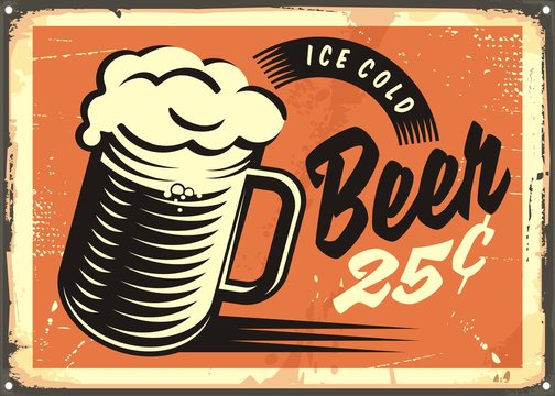 Retro style image with ice cold beer mug on old metal background. Vintage pub or cafe bar decoration.