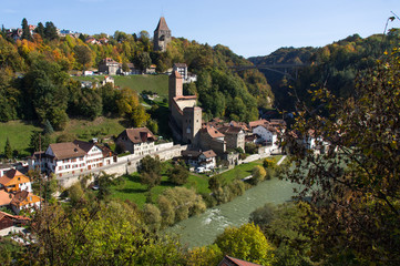 Scenery of the old town near the river in Swiss