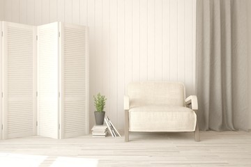 White modern room with armchair. Scandinavian interior design. 3D illustration
