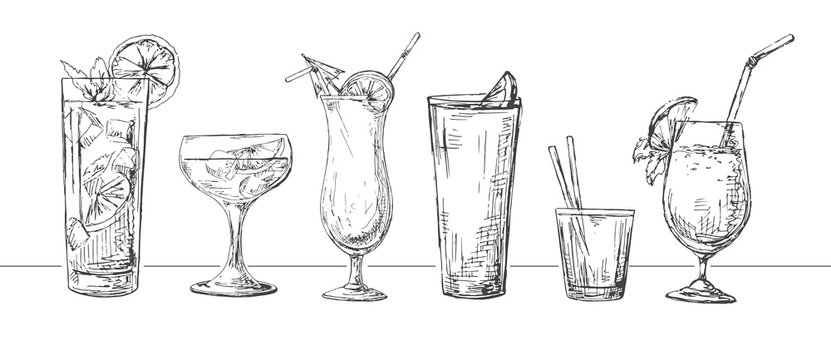 Set of different glasses, different cocktails. Vector illustration of a sketch style.