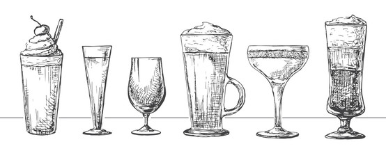 Set of different glasses, different cocktails. Vector illustration of a sketch style.