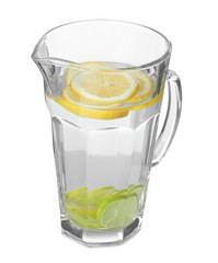 Tasty refreshing lemonade with lime in glass jug on white background