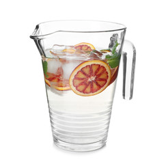 Tasty refreshing lemonade with red orange in glass jug on white background