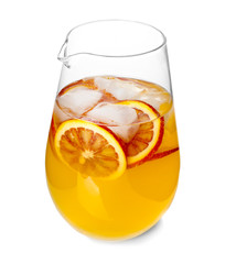 Tasty refreshing lemonade with red orange in glass jug on white background