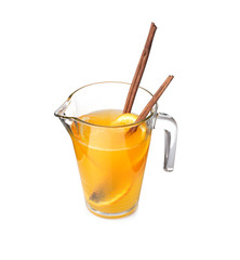 Tasty refreshing lemonade with orange in glass jug on white background