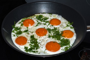 Frying pan with fried eggs.