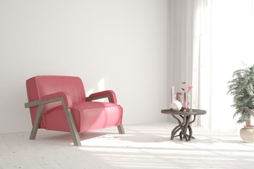 Fototapeta premium White modern room with armchair. Scandinavian interior design. 3D illustration