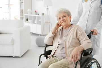 Young nurse and disabled elderly woman in wheelchair at home