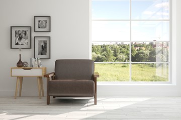 White room with armchair and green landscape in window. Scandinavian interior design. 3D illustration