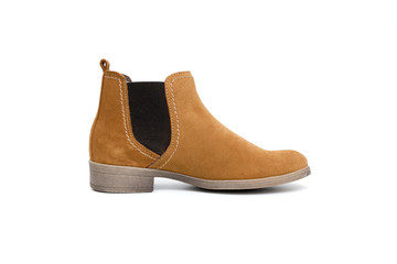 Female Brown Boot on White Background, Isolated Product, Top View, Studio.