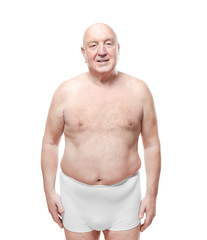 Fat senior man in underwear on white background. Weight loss concept