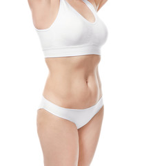 Fototapeta na wymiar Mature woman in underwear on white background. Weight loss concept